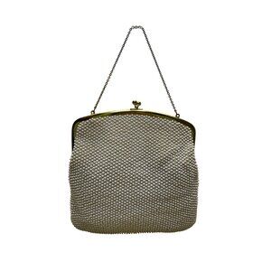 Vintage Women’s White Beaded Evening Clutch Gold Frame Chain Handle